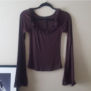 Brown Long Bell Sleeve Lace Detail Top